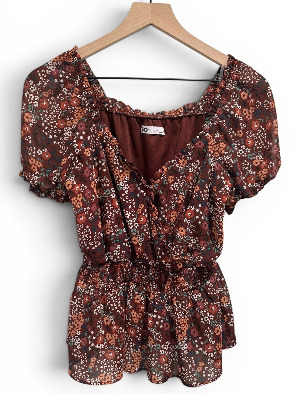 SO Juniors' Smocked Waist Sweetheart Neckline Floral Maroon Top -Size Small